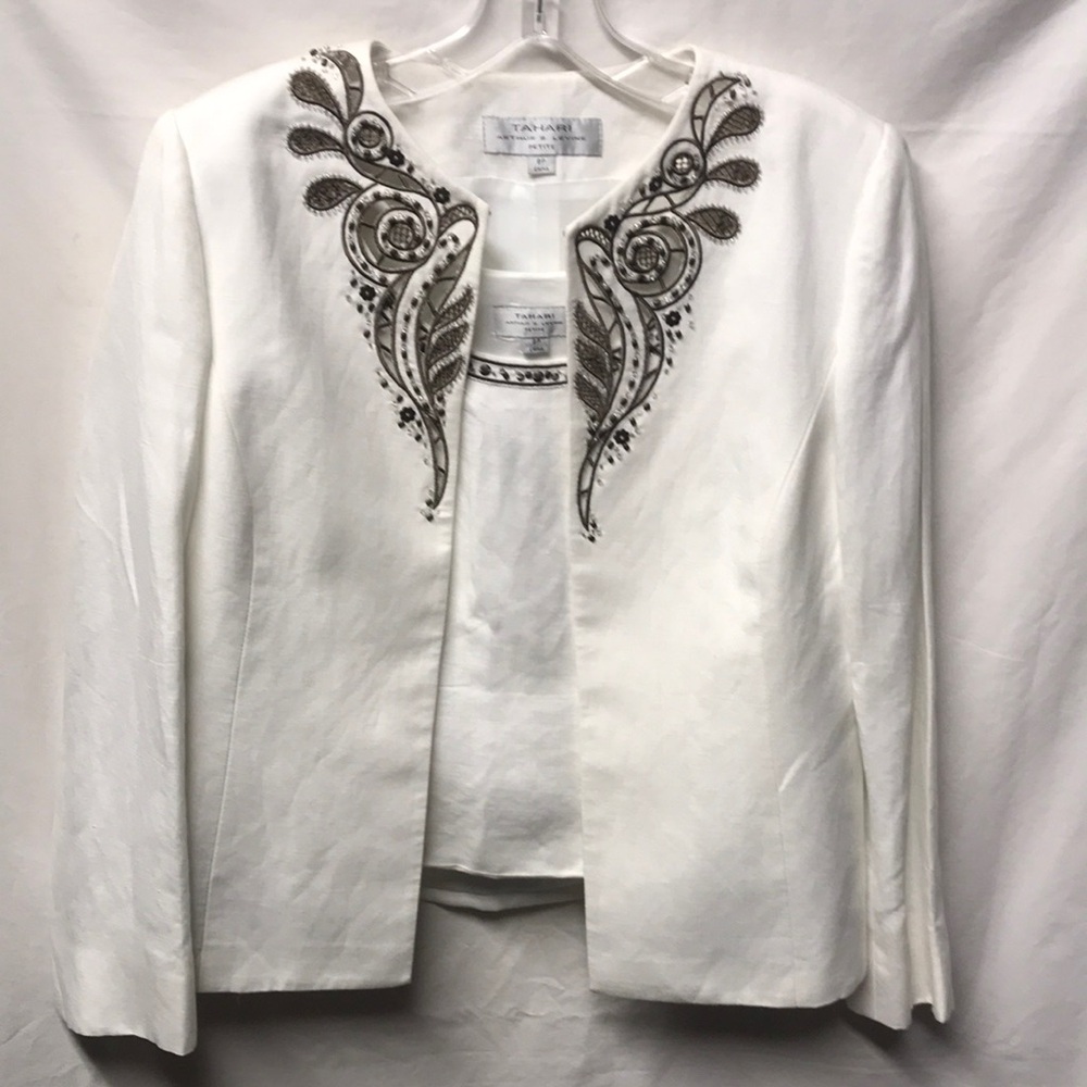 Tahari Arthur S. Levine Linen White Embellished Blazer Jacket with Inner Top 8P